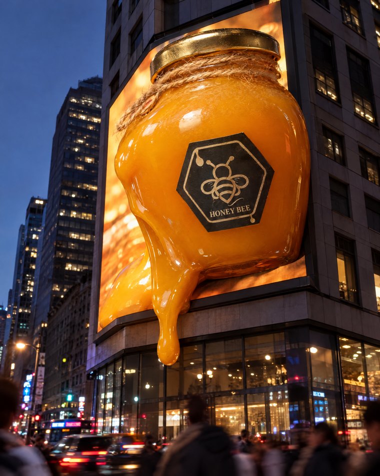 3D BILLBOARD, hecho con este prompt y la foto de un bote de miel