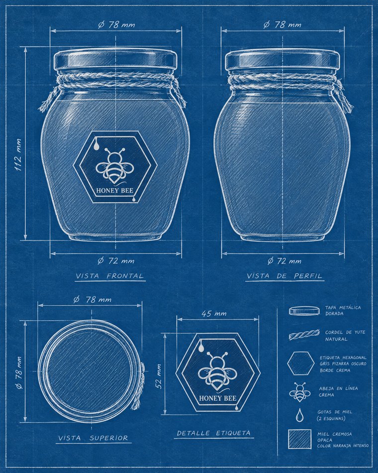 BLUEPRINT, hecho con este prompt y la foto de un bote de miel