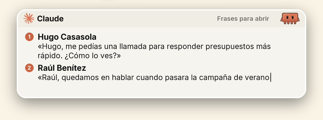 Lo que te deja Claude cada mañana: a quién llamar y con qué frase (datos de ejemplo)