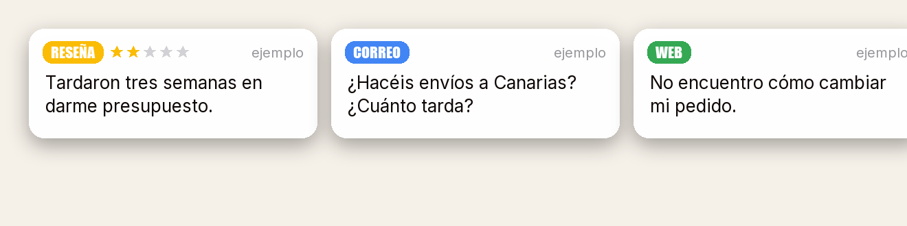 Tres mensajes de ejemplo: una reseña, un correo y un comentario