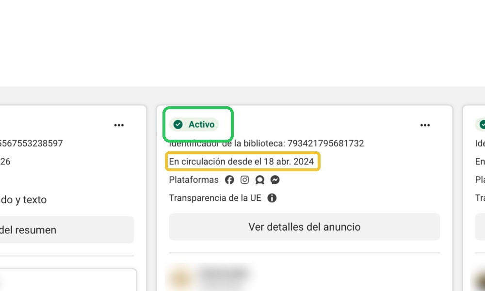 En la búsqueda, la fecha te dice cuánto lleva funcionando cada anuncio