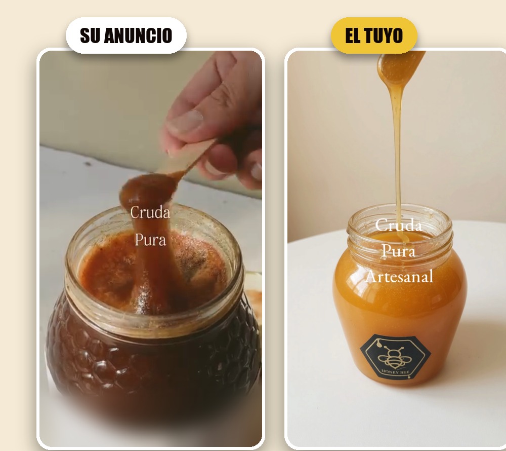 A la izquierda, su anuncio (con la marca difuminada). A la derecha, el nuestro, hecho con la foto de un bote de miel