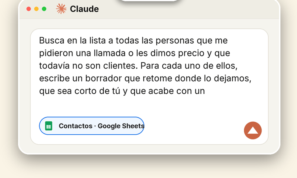 El mensaje, pegado en Claude con la hoja conectada
