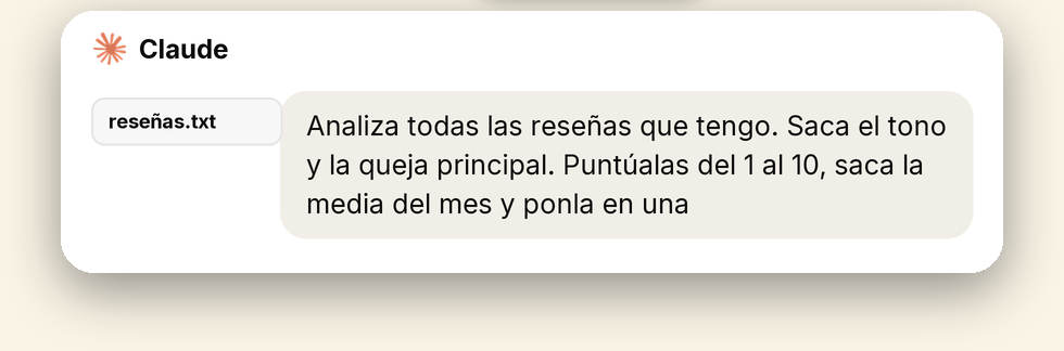 La instrucción, pegada en Claude con las reseñas